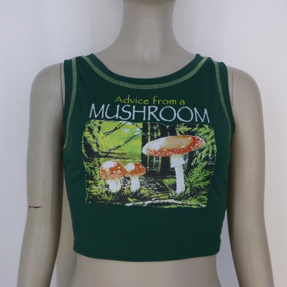 Romwe Advice From a Mushroom Green Cropped Tank Top - Picture 1 of 9